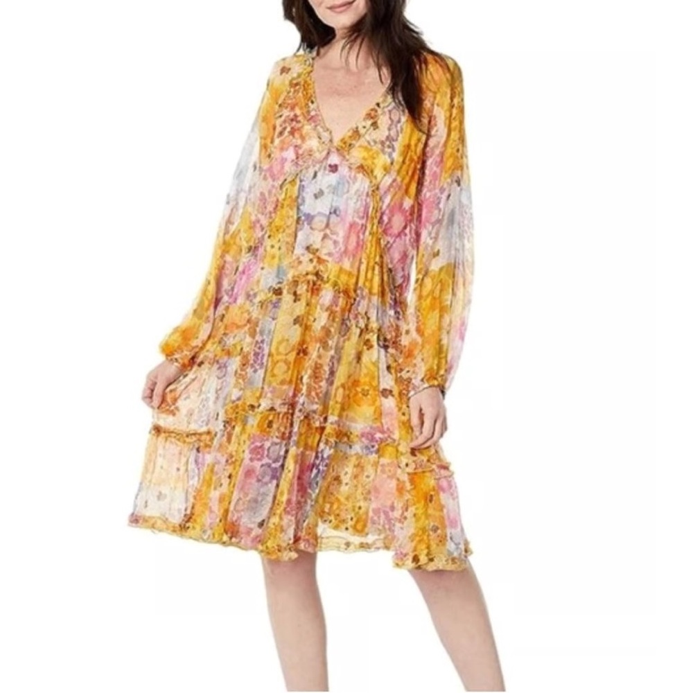 🆕 Johnny Was | ‘Renee’ Patchwork Print 100% Silk Chiffon Mini Dress L